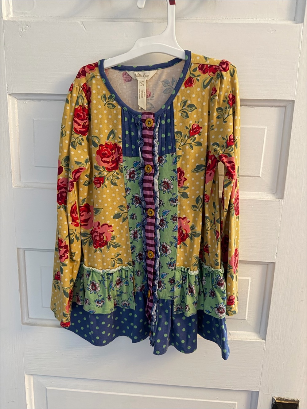 Colorful Mixed-Print Floral Ruffle Button Front Top